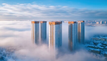 Fototapeta premium Cityscape Emerging from the Mist: Four Skyscrapers Piercing Through a Sea of Clouds