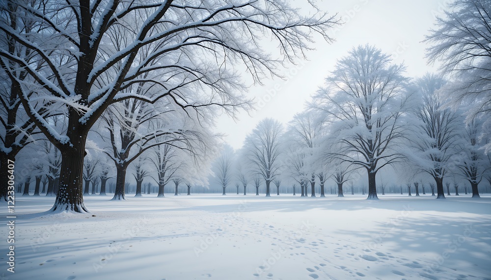 Poster snowy winter scene with trees and footprints on a path of snow in an empty field