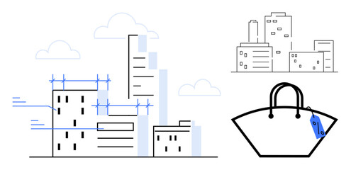 Cityscape with buildings under construction, blueprint elements, and clouds. Tote bag with price tag suggesting shopping. Ideal for urban planning, real estate, business, lifestyle, commerce