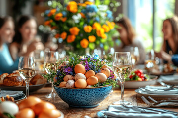 Happy family having Easter dinner together, table setting with traditional food and spring flowers for Easter celebration	
