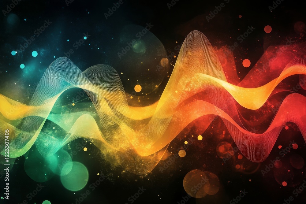 Poster abstract colorful wave background design with glowing particles and bokeh lights