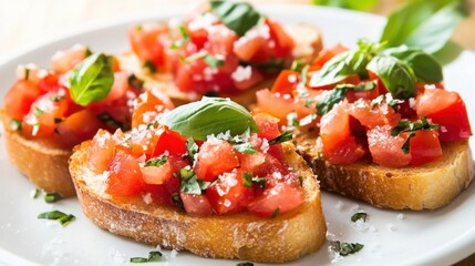 A classic bruschetta with fresh tomatoes, basil, and a drizzle of olive oil