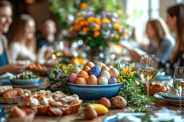 Happy family having Easter dinner together, table setting with traditional food and spring flowers for Easter celebration	
