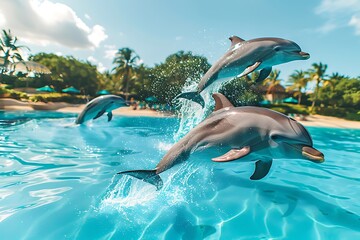 Three dolphins leap gracefully from a turquoise ocean, splashing water. A tropical beach and palm trees form a vibrant backdrop.
