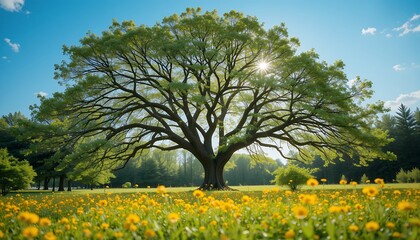 Obraz premium Majestic tree and yellow dandelions in a sunlit meadow on a clear day
