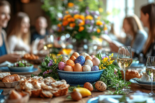 Happy family having Easter dinner together, table setting with traditional food and spring flowers for Easter celebration	
