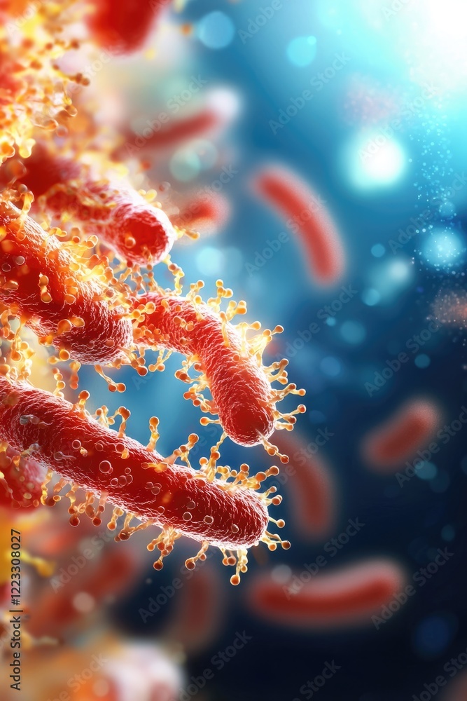 Poster exploring the intricate world of bacteria microscopic action in a colorful laboratory environment sc