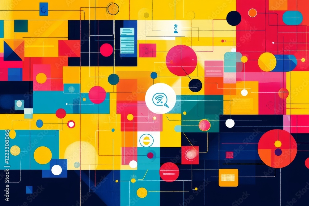 Poster abstract network of colorful geometric shapes and lines