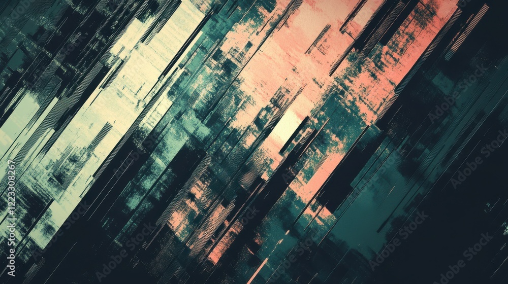 Poster abstract geometric pattern with diagonal lines and textured paint strokes in pink and blue