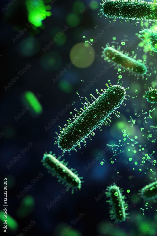 Poster microbial action exploring bacteria in a dark environment scientific visualization close-up perspect