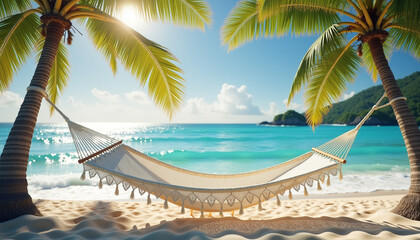 Hammock by a tropical beach with palm trees