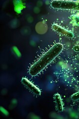 Fototapeta premium Microbial action exploring bacteria in a dark environment scientific visualization close-up perspective on microorganisms