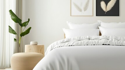 A serene bedroom featuring a white bed with plush pillows, minimalist decor, and a green plant, creating a calm and inviting atmosphere.