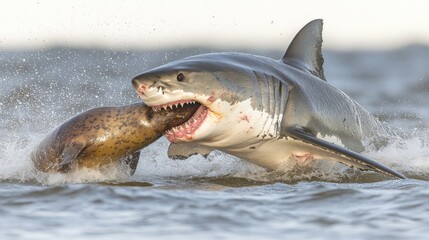 Naklejka premium Great white shark attacking a seal in the ocean.