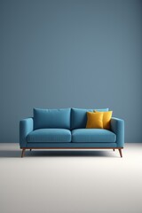 arafed blue couch with yellow pillows against a blue wall