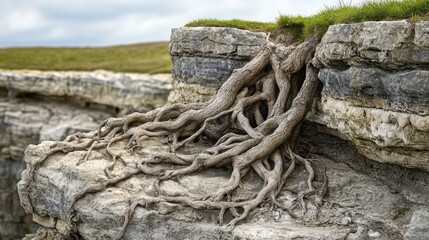 Exposed tree roots clinging to layered rock cliff face.