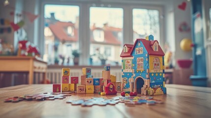 Colorful wooden toy house and blocks on table in bright playroom.