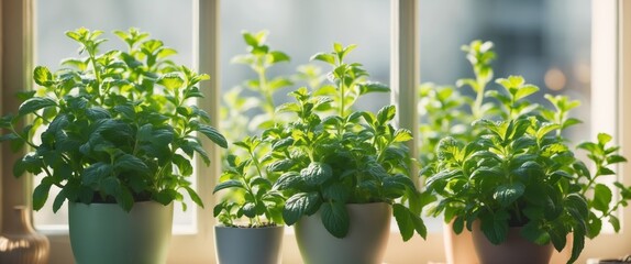 Fototapeta premium Fresh mint pots thriving on a sunny windowsill create a vibrant indoor garden atmosphere.