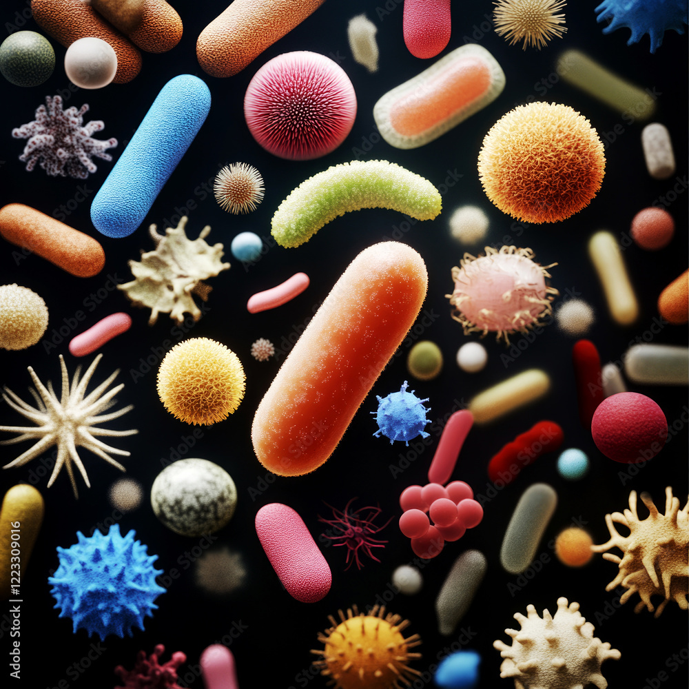Poster exploring microscopic bacteria diversity a close-up view of colorful microorganisms in a scientific 