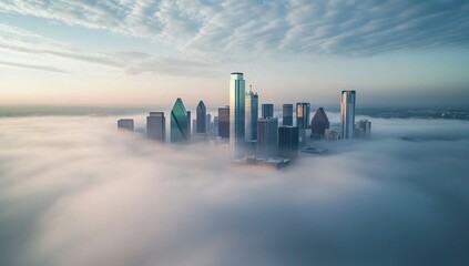 Fototapeta premium Dallas Skyline Enveloped in Morning Fog: A Breathtaking Aerial View