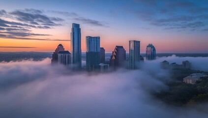 Fototapeta premium Austin Skyline Emerging from the Mist: A Breathtaking Sunrise