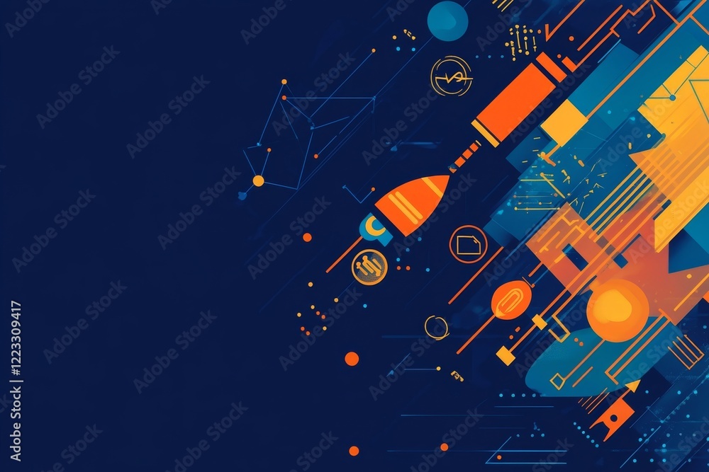 Poster abstract geometric composition with rocket and tech elements