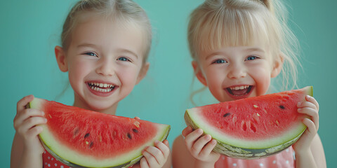 Joyful children enjoying fresh watermelon slices bright studio setting portrait photography vibrant colors happy expressions