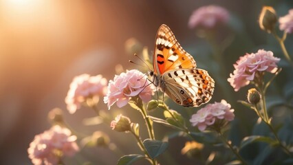 Obraz premium A delicate butterfly with light blue wings rests on a cluster of small white flowers,