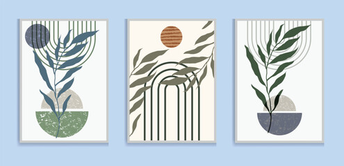 Modern green boho wall art set posters abstract boho rainbow prints boho artwork mid century vector