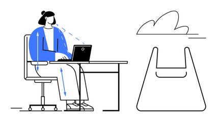 Person working at desk with laptop, cloud figure above, shopping bag outline next to desk. Ideal for remote work, e-commerce, technology, cloud computing, shopping, digital solutions work-life