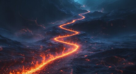 Glowing Fiery Path Through Dark Abstract Landscape.