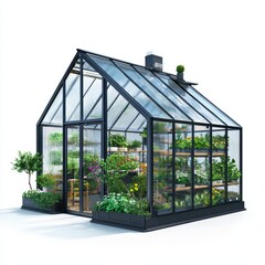 Fototapeta premium 3D icon small backyard greenhouse with watering system isolated on a white background 