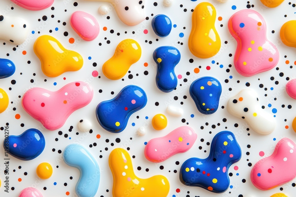 Poster colorful abstract pattern created by scattered paint blobs and dots on a white background at an art 