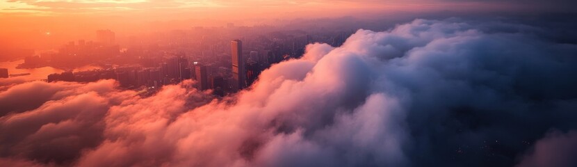 Obraz premium Sunset Cityscape Above the Clouds: Aerial View of Hong Kong's Skyline Bathed in Golden Hour Light