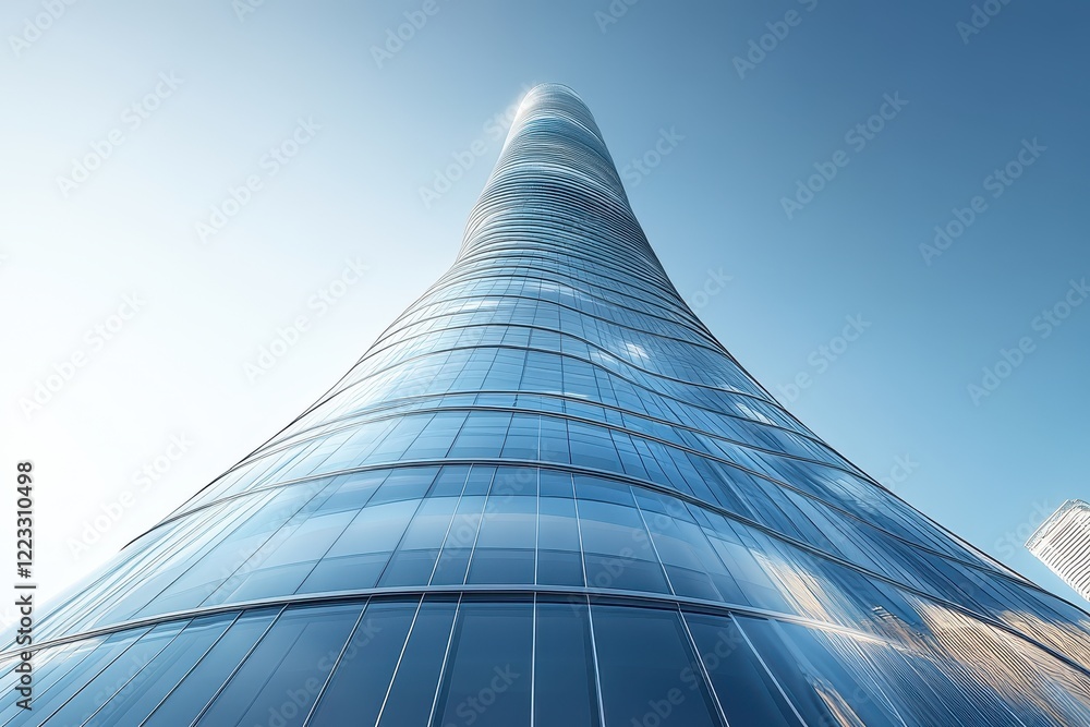 Poster modern skyscraper rises against a clear sky showcasing innovative architecture and glass design in a
