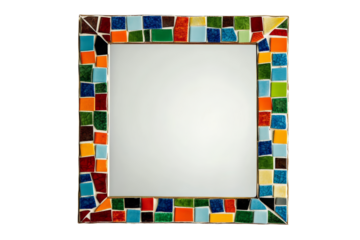 Colorful mosaic frame with blank mirror space. A vibrant mosaic mirror frame decorated with multicolored stained glass tiles, creating a unique and artistic design perfect for eclectic home decor.
