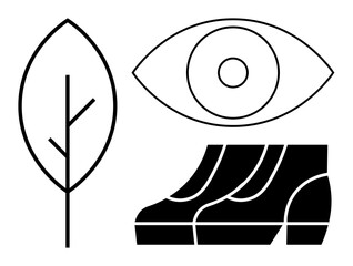 Leaf, eye, and boots represented in black and white minimalistic line art with solid fills. Ideal for themes of nature, vision, fashion, simplicity, contrast balance and design. Abstract line flat