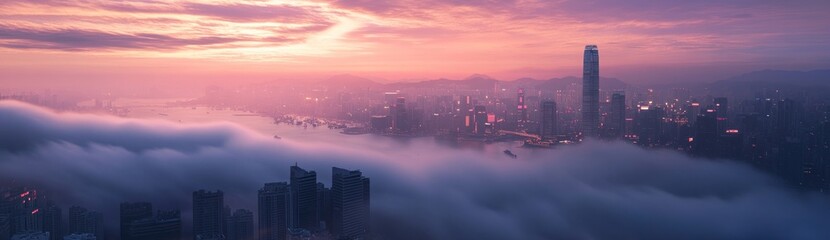 Fototapeta premium Hong Kong Skyline Enveloped in Misty Sunrise