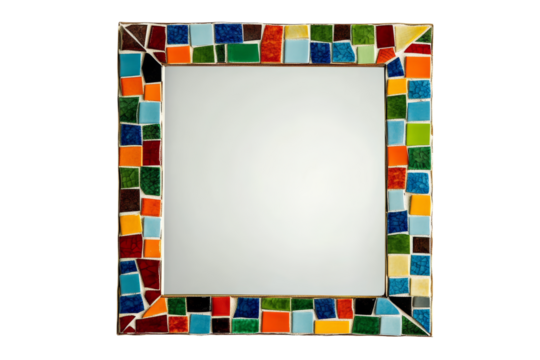 Colorful mosaic frame with blank mirror space. A vibrant mosaic mirror frame decorated with multicolored stained glass tiles, creating a unique and artistic design perfect for eclectic home decor. - Powered by Adobe