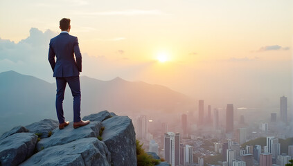 Obraz na płótnie Canvas Inspirational businessman standing atop a cliff overlooking a city skyline at sunset symbolizing leadership, achievement, ambition, and career success in a modern world.
