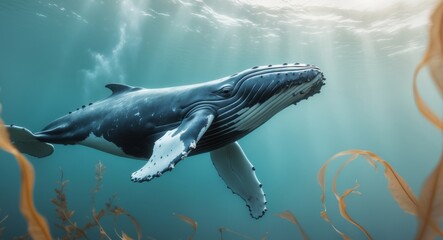Majestic humpback whale swimming gracefully through vibrant underwater scene illuminated by bioluminescence.