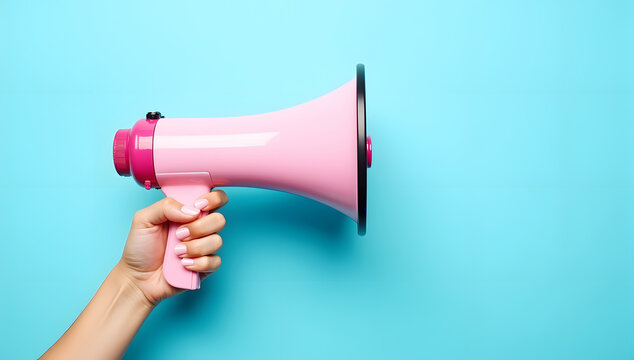 Minimalist flat lay design featuring a pink megaphone on a clean turquoise background perfect for bold communication, marketing, advertising, or promotional-themed concepts.