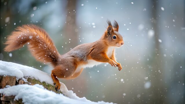 Wildlife animal photography background - Closeup of sweet crazy jumping red squirrel (sciurus vulgaris) in the forest or park in winter, with snow and snowflakes
