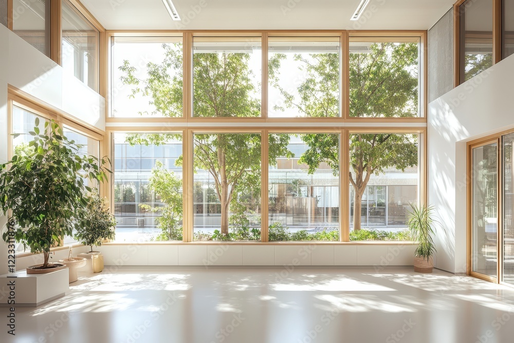 Aufkleber spacious and bright modern office with large windows and greenery in a tranquil setting