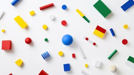 Colorful geometric shapes scattered on a white background, creating a playful and artistic arrangement