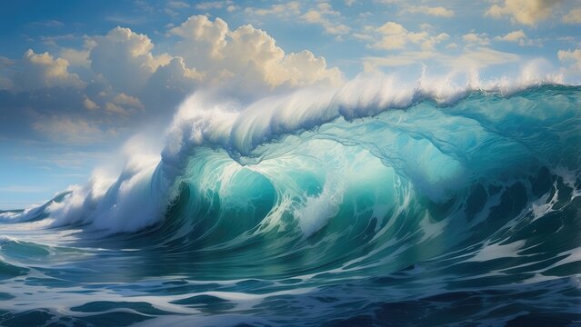 A powerful ocean wave curls dramatically,