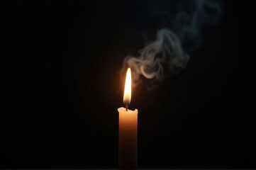 A single candle glows brightly in the dark, casting a serene ambiance while wispy smoke curls upward, creating a peaceful atmosphere perfect for reflection