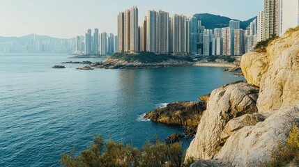 Fototapeta premium Coastal city skyline, high-rise buildings, rocky shore, ocean view.