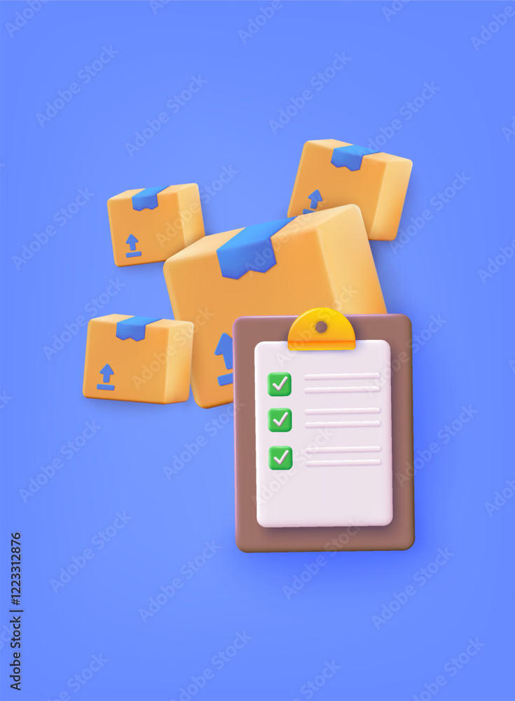 Poster clipboard on package checklist with delivery package icon. cardboard box mockup set. 3d web vector i