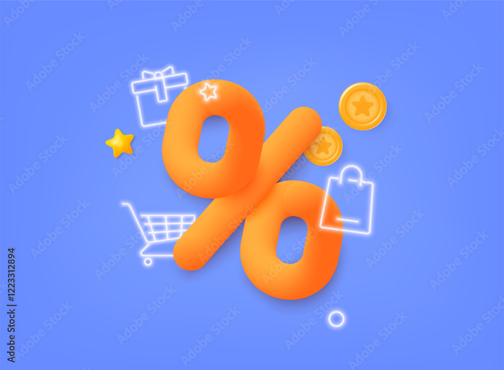 Poster label with percent, check mark and discount. app icon. 3d web vector illustrations.